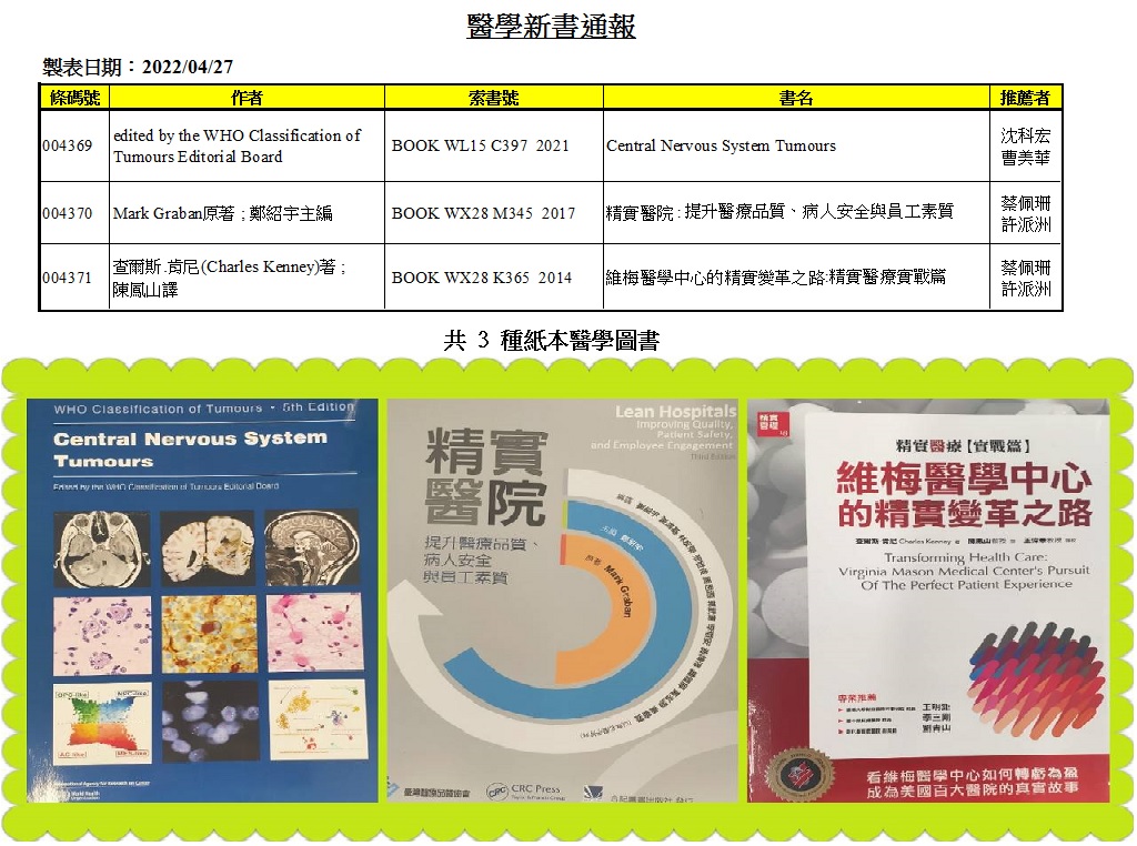 20220427 圖書館新到乙批醫學圖書(5/6日前請保留給申請單位優先借閱)